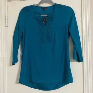 Teal Express Top with Lace Overlays Quarter Sleeve Size XS